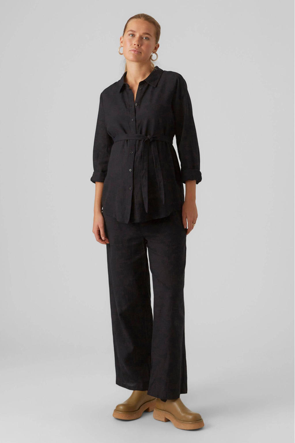 Zwarte dames MAMALICIOUS zwangerschaps wide leg broek van viscose met elastische tailleband met koord en effen