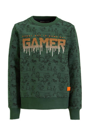 sweater Noud met all over print groen