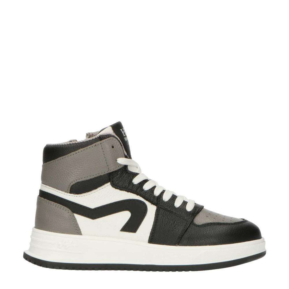 Zwart, grijs en witte jongens Hip leren sneakers met rits- en vetersluiting