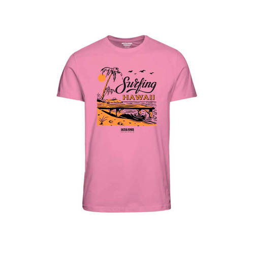 JACK & JONES JUNIOR T-shirt JORBOOSTER met printopdruk roze Jongens Stretchkatoen Ronde hals