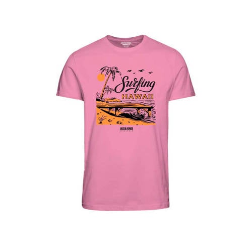 JACK & JONES JUNIOR T-shirt JORBOOSTER met printopdruk roze Jongens Stretchkatoen Ronde hals - 128