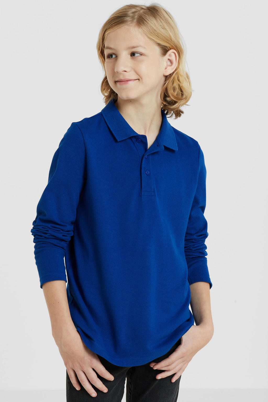 Blauwe jongens anytime piqué longsleeve polo van katoen met lange mouwen en knoopsluiting