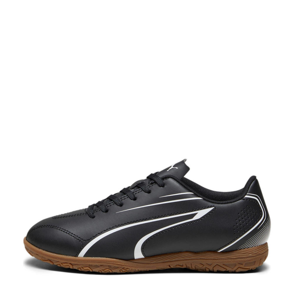 Zwarte jongens en meisjes Puma Vitoria junior zaalvoetbalschoenen van imitatieleer met veters