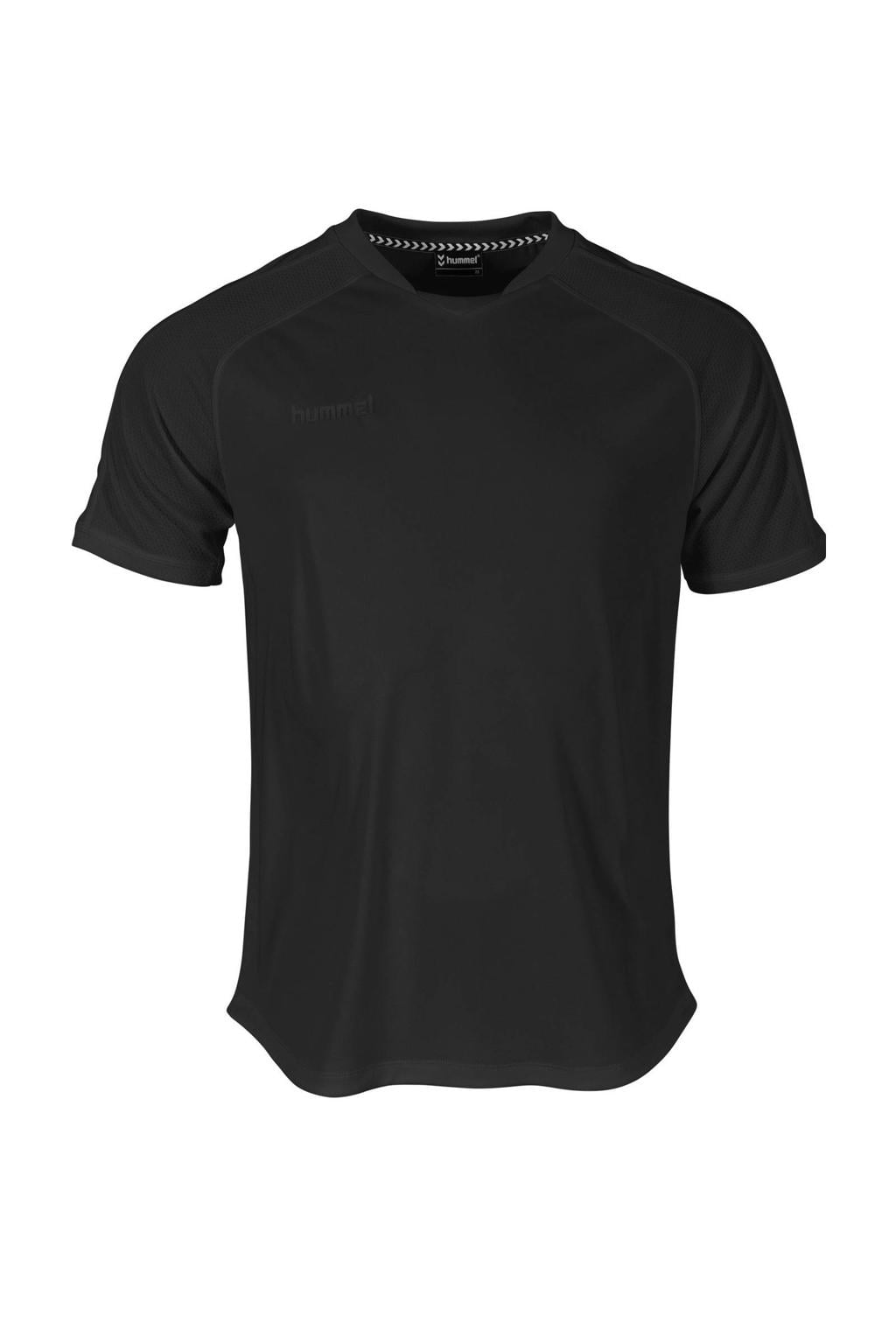 Zwarte jongens en meisjes hummel junior sportshirt van polyester met effen, korte mouwen en ronde hals