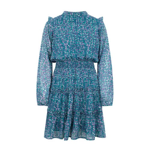 AI&KO jurk Alline scratch met all over print en ruches helderblauw Meisjes Polyester Opstaande kraag