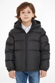 thumbnail: Zwarte jongens Tommy Hilfiger gewatteerde winterjas van polyester met effen, lange mouwen, capuchon en ritssluiting