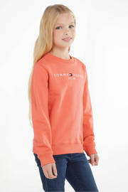 thumbnail: Oranje jongens en meisjes Tommy Hilfiger sweater met logo dessin, lange mouwen en ronde hals