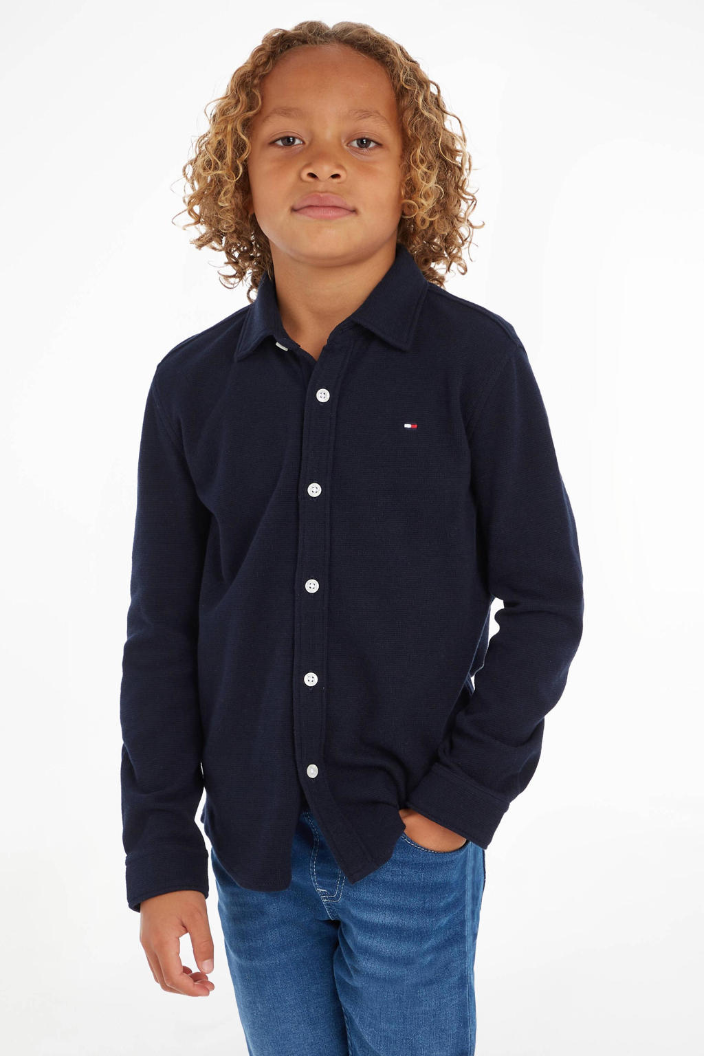 Blauwe jongens Tommy Hilfiger overhemd van katoen met lange mouwen, klassieke kraag en knoopsluiting