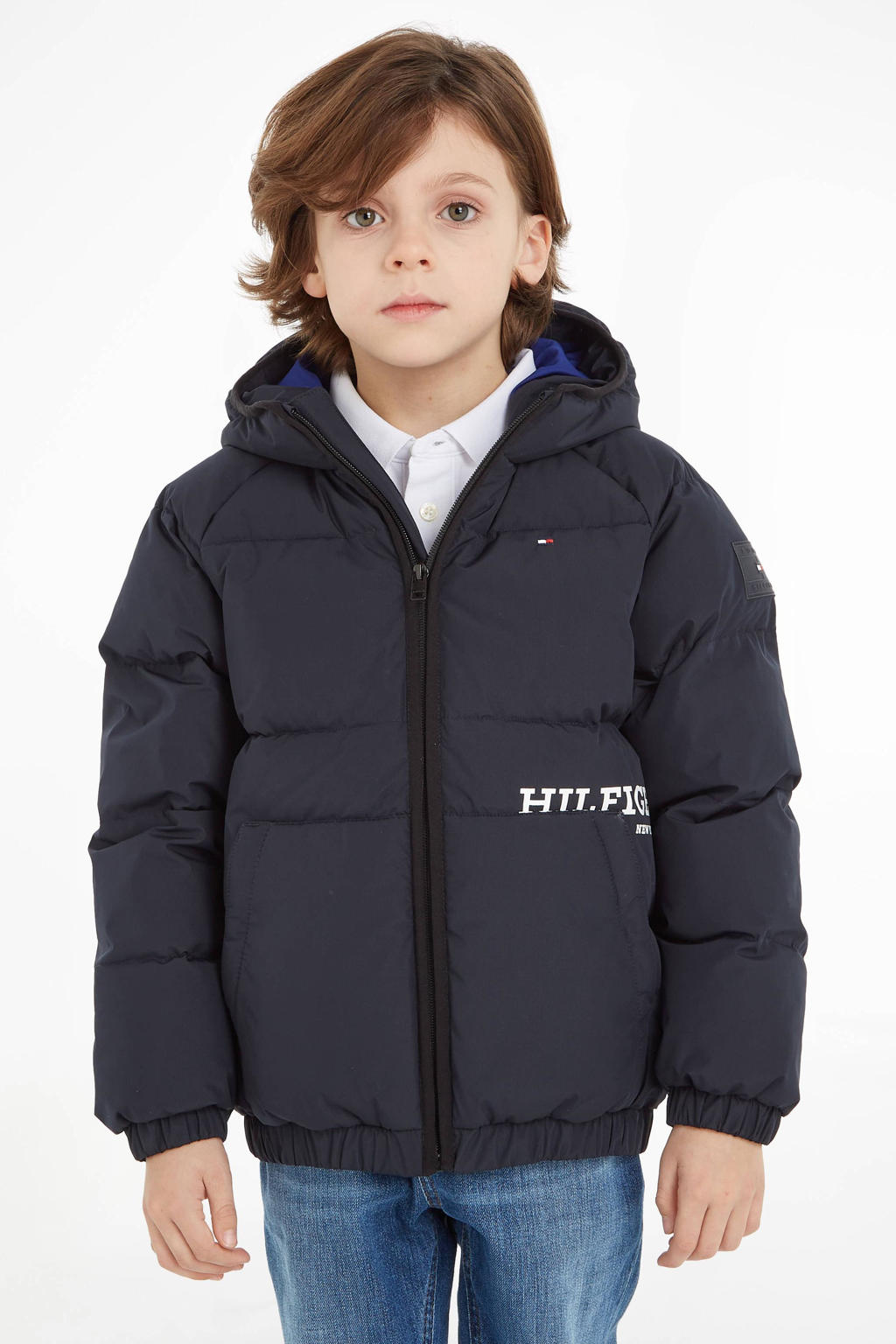 Donkerblauwe jongens Tommy Hilfiger gewatteerde winterjas van polyester met logo dessin, lange mouwen, capuchon, ritssluiting en elastische boord