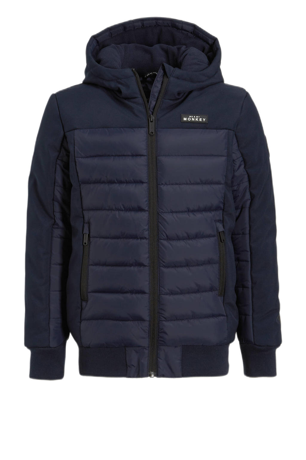Donkerblauwe jongens Me & My Monkey gewatteerde jas Nigel van polyester met lange mouwen, capuchon en ritssluiting