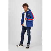 thumbnail: Blauw, rood en witte jongens Vingino gewatteerde winterjas Tiggo hardblauw van nylon met meerkleurige print, lange mouwen, capuchon, ritssluiting en contrast bies