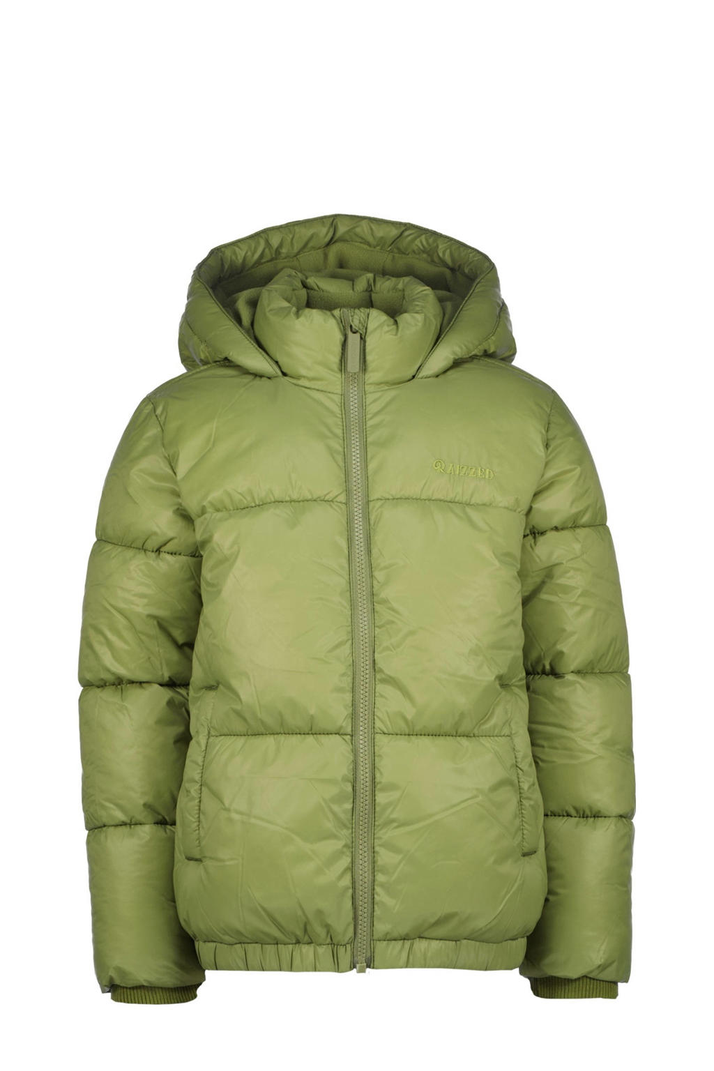 Groene meisjes Raizzed gewatteerde winterjas Lima licht van nylon met effen, lange mouwen, capuchon, ritssluiting en elastische boord