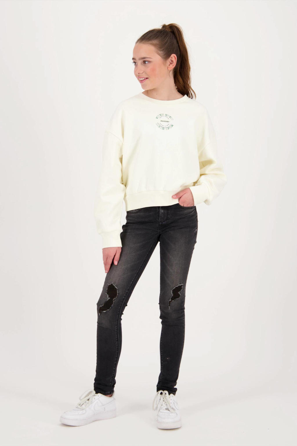 Witte meisjes Raizzed longsleeve Lincoln van katoen met effen, lange mouwen en ronde hals