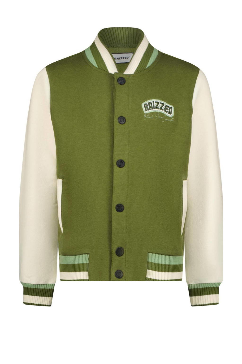 Groene meisjes Raizzed baseballvest Quirine army offwhite van katoen met logo dessin, lange mouwen, opstaande kraag, drukknoopsluiting en elastische boord