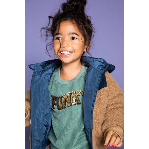 Orange Stars sweater Nila met tekstopdruk groen Trui Meisjes Velours Ronde hals 152
