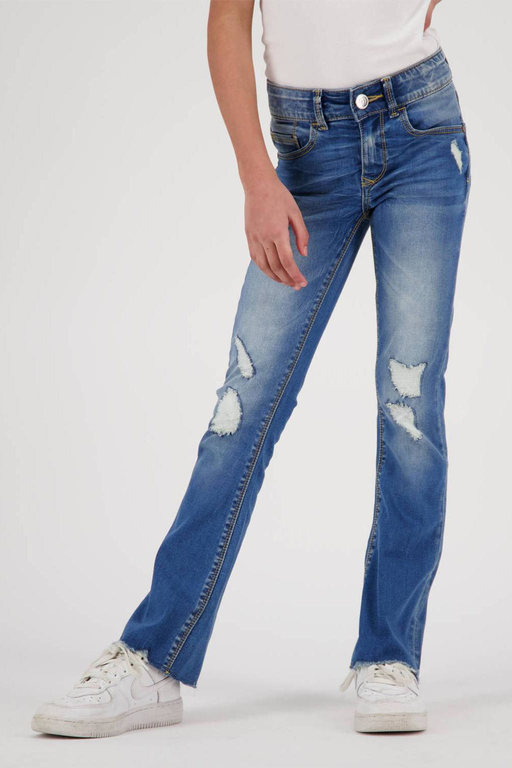 high waist flared jeans Melbourne crafted met slijtage dark blue tinted