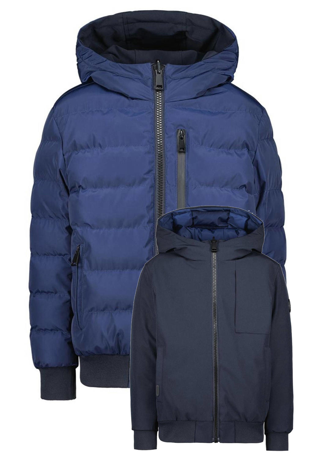 Blauwe jongens Airforce gewatteerde reversible winterjas van polyester met effen, lange mouwen, capuchon, ritssluiting en elastische boord