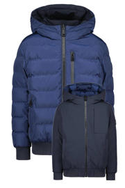 thumbnail: Blauwe jongens Airforce gewatteerde reversible winterjas van polyester met effen, lange mouwen, capuchon, ritssluiting en elastische boord