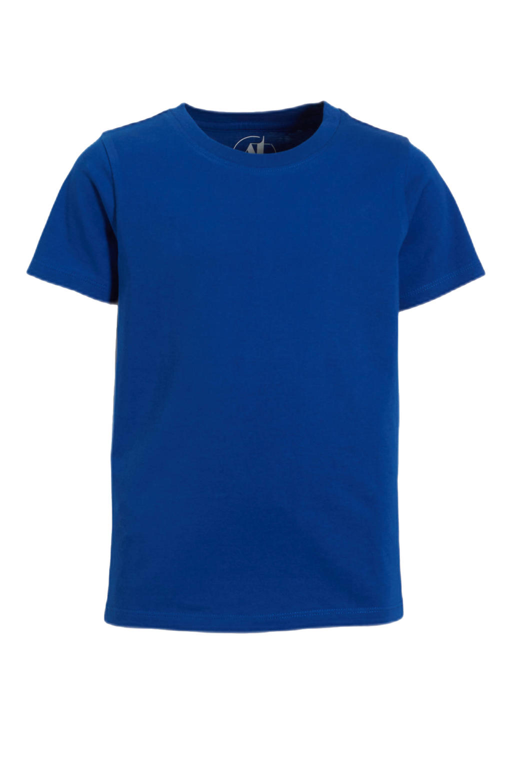 Donkerblauwe jongens anytime T-shirt van katoen met effen, korte mouwen, ronde hals en geweven detail