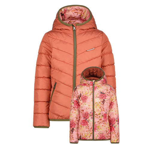 Vingino gebloemde gewatteerde winterjas Teley roze/oranje Meisjes Polyester Capuchon 