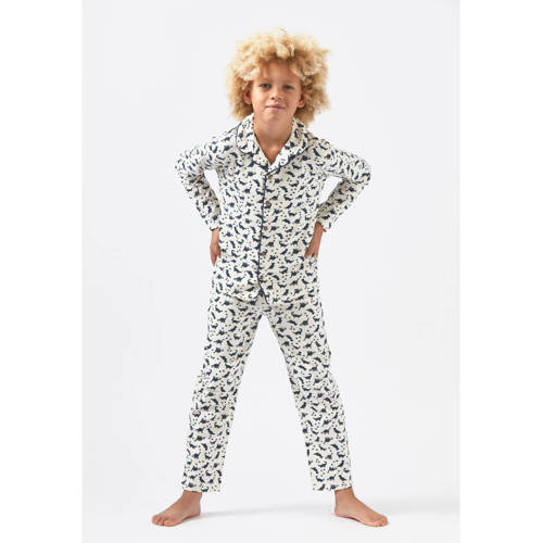 Little Label pyjama met all over print wit/donkerblauw Jongens Stretchkatoen Reverskraag