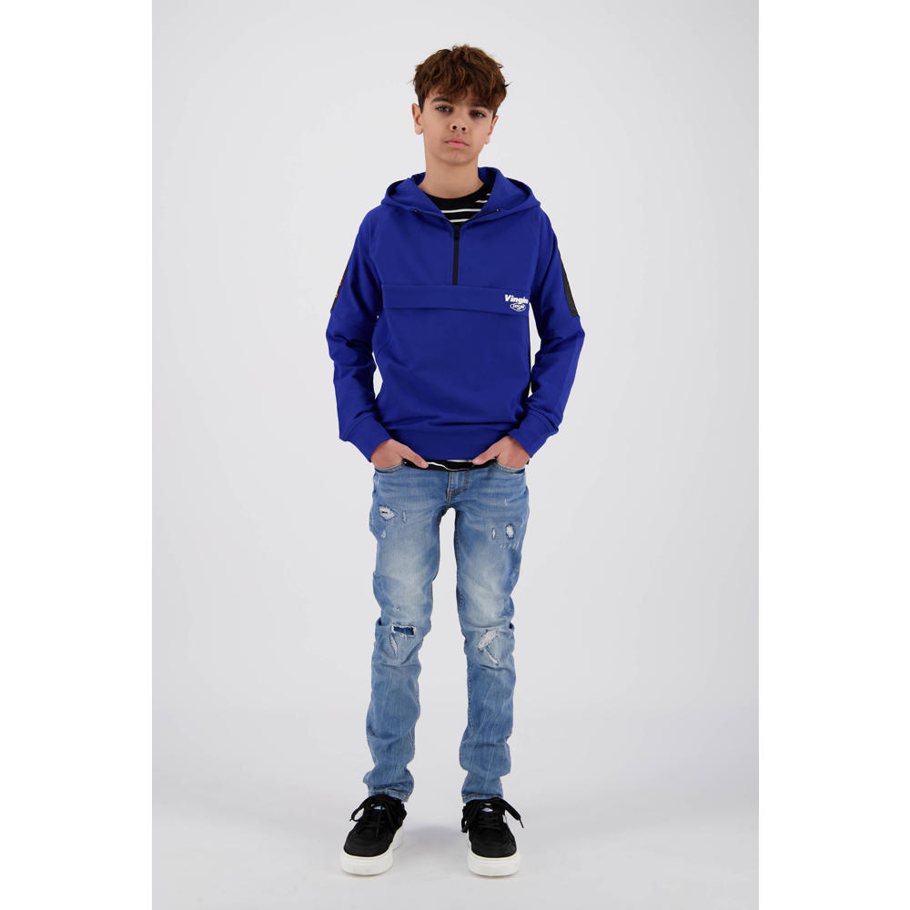 Blauwe jongens Vingino sweater Nitilo met effen, lange mouwen, capuchon en halve rits