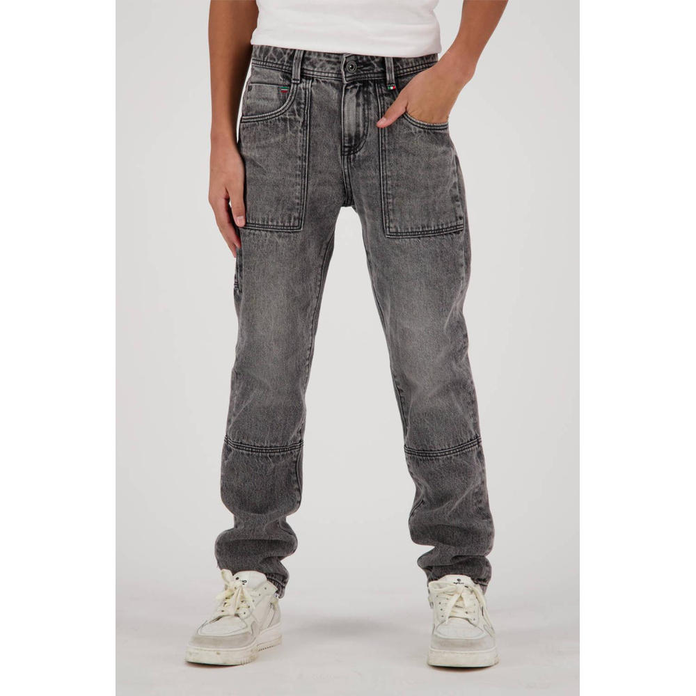 Grijze jongens Vingino straight fit jeans Peppe Carpenter van denim met regular waist en rits- en knoopsluiting