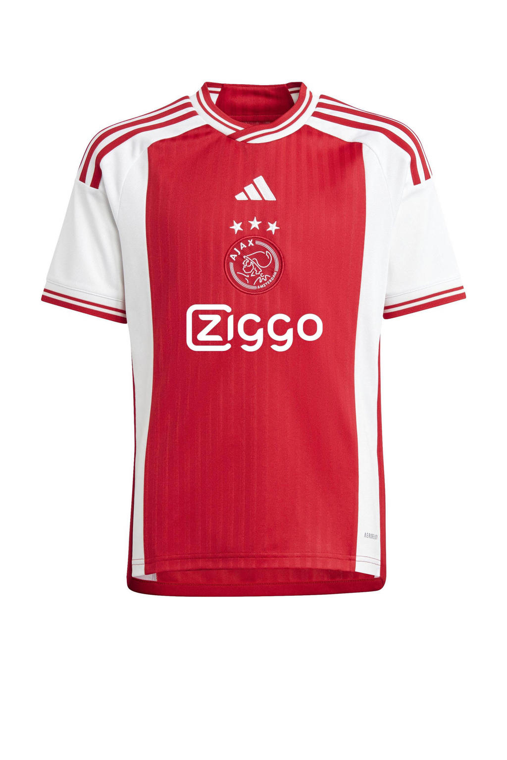 Rood en witte jongens en meisjes adidas Performance Junior Ajax Amsterdam 23 24 voetbalshirt thuis van polyester met logo dessin, korte mouwen en ronde hals