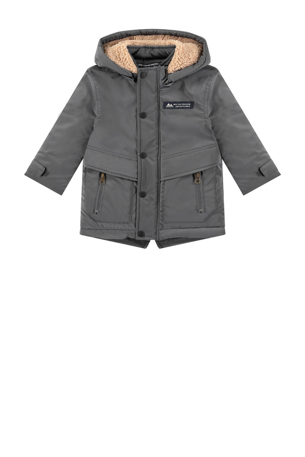 Grijze jongens Babyface winterjas van polyester met effen, lange mouwen, capuchon en rits- en drukknoopsluiting