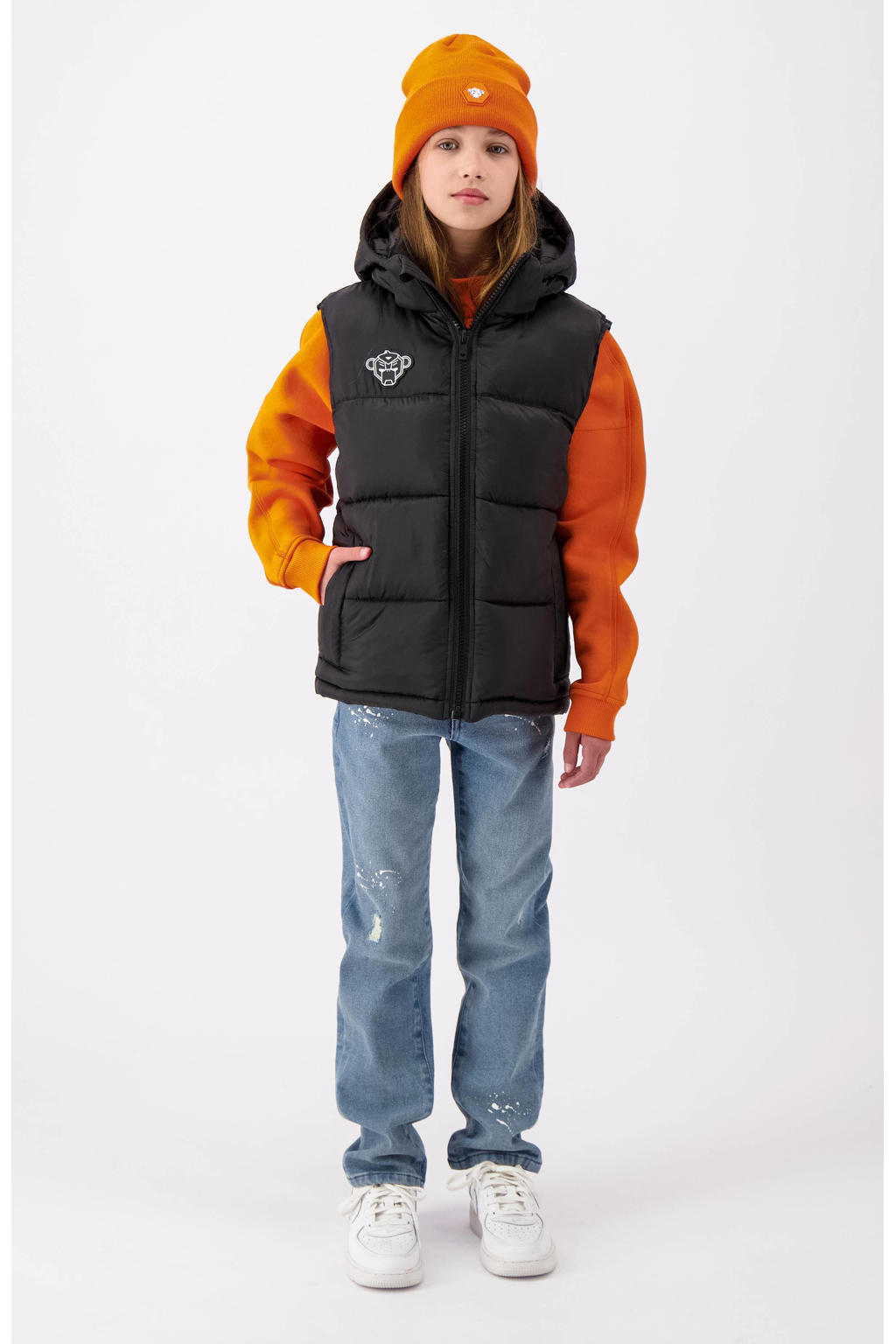 Zwarte jongens en meisjes BLACK BANANAS bodywarmer van polyester met capuchon en ritssluiting