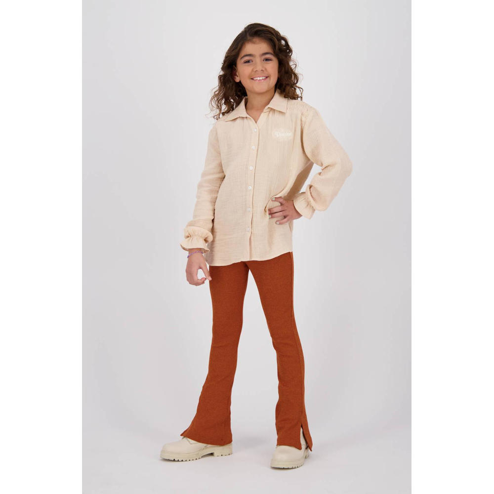 Beige meisjes Vingino blouse Lasley van katoen met effen, lange mouwen, V-hals en knoopsluiting