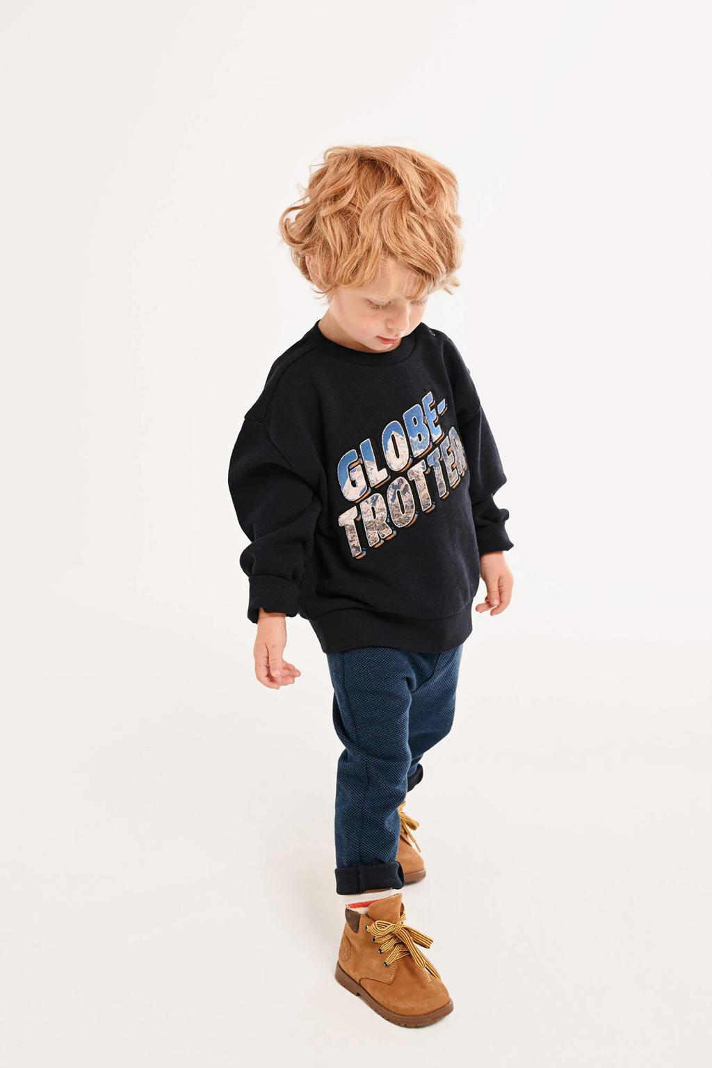 Donkerblauwe jongens Tumble 'n Dry Lo sweater Arctic van katoen met lange mouwen, ronde hals en drukknoopsluiting