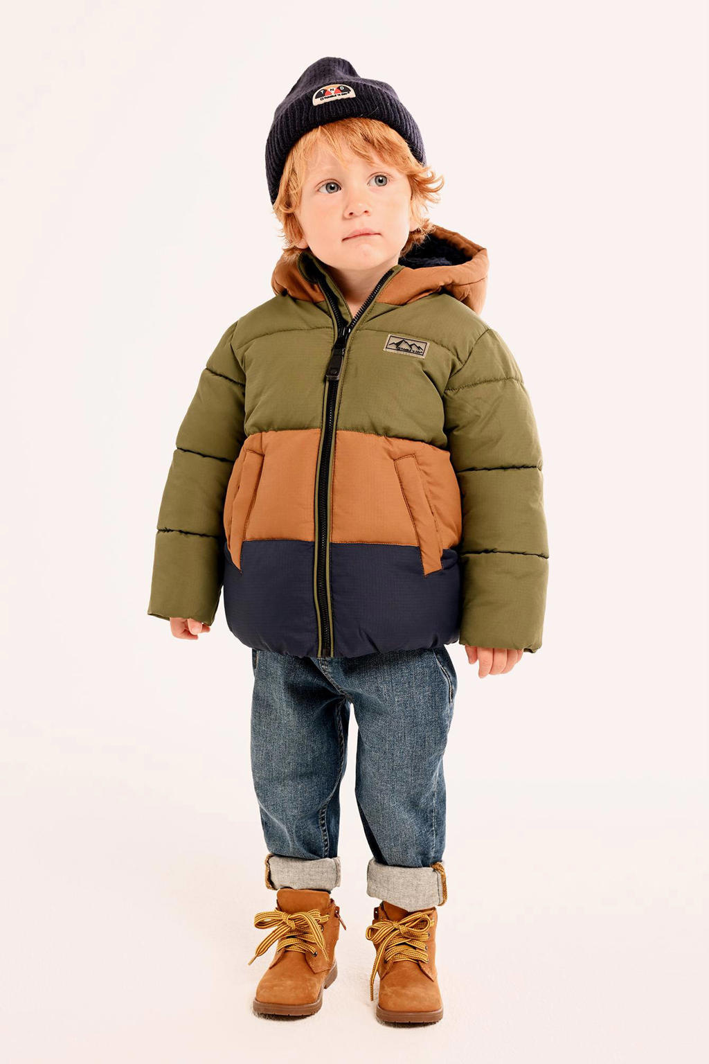Bruin, groen en donkerblauwe jongens Tumble 'n Dry Lo gewatteerde winterjas Liverpool van polyester met meerkleurige print, lange mouwen en ritssluiting