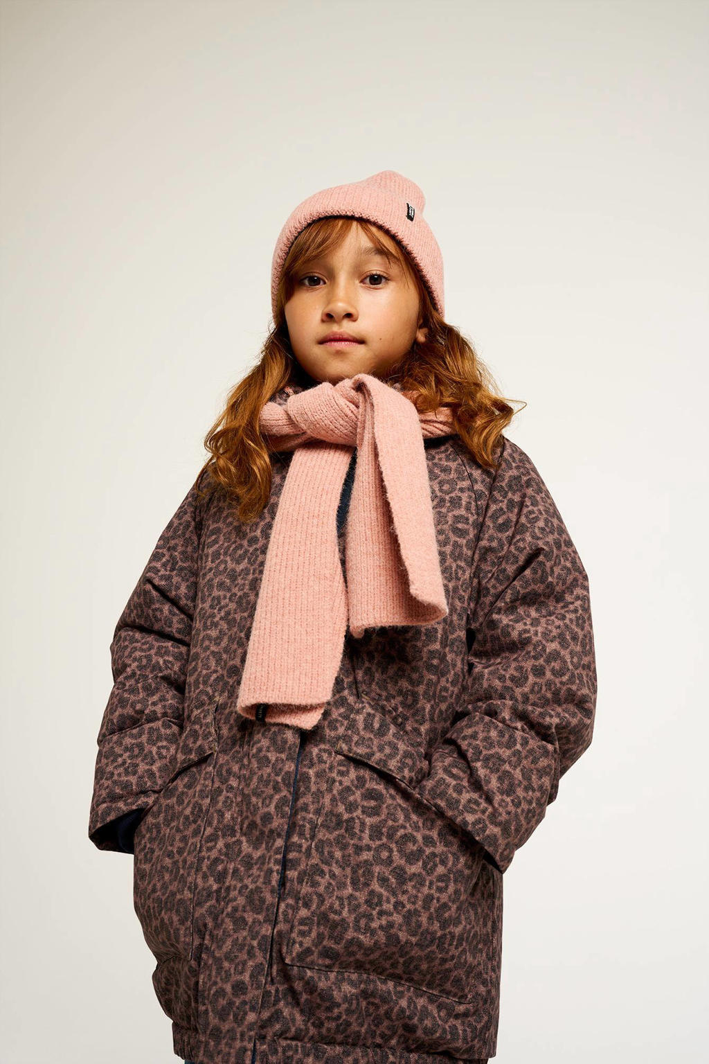 Bruin en grijze meisjes Tumble 'n Dry Mid gewatteerde winterjas Salzburg van polyester met panterprint, lange mouwen en rits- en drukknoopsluiting