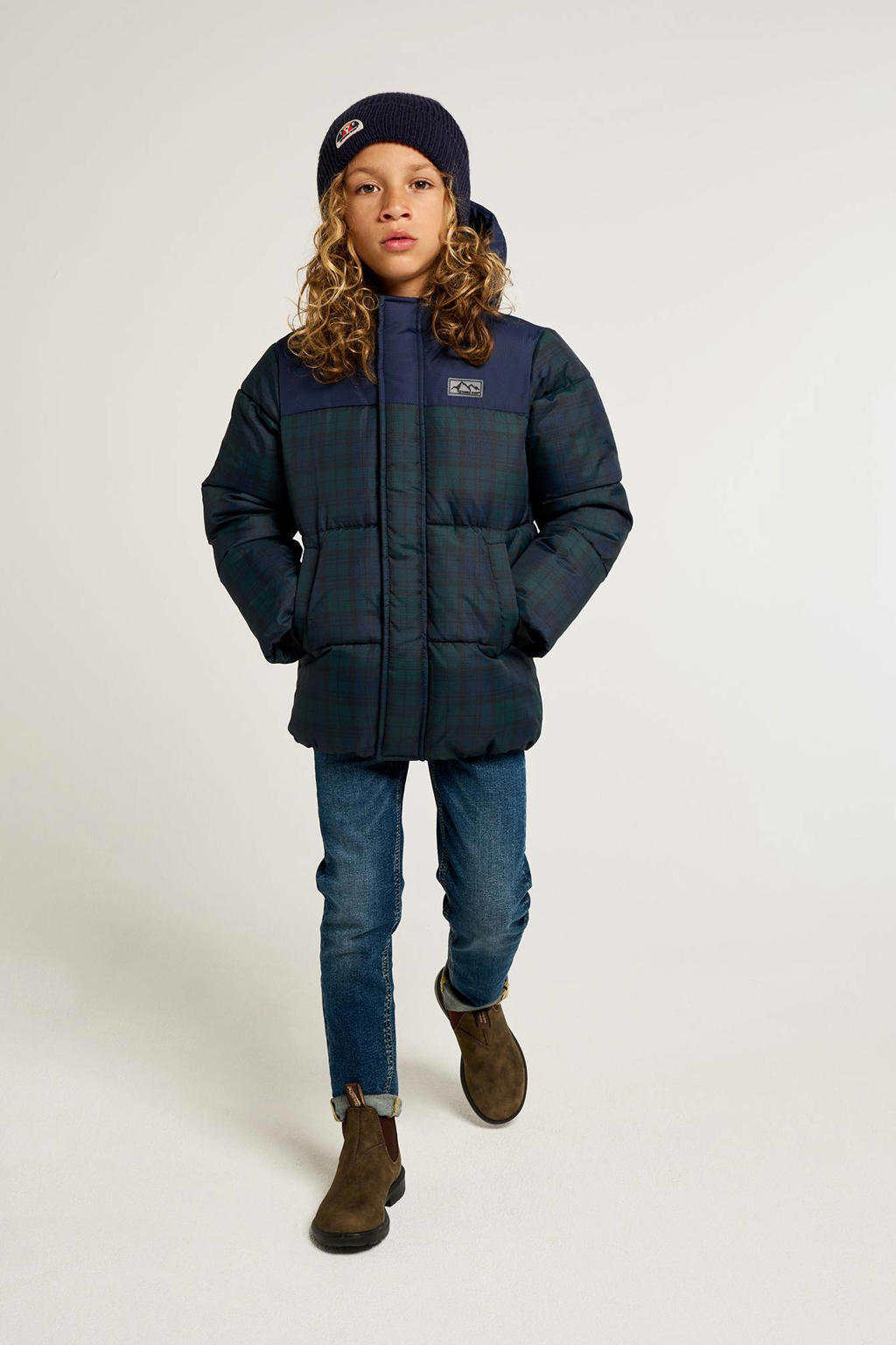 Donkerblauwe jongens Tumble 'n Dry Mid geruite gewatteerde winterjas Basel van polyester met lange mouwen en rits- en drukknoopsluiting