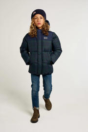 thumbnail: Donkerblauwe jongens Tumble 'n Dry Mid geruite gewatteerde winterjas Basel van polyester met lange mouwen en rits- en drukknoopsluiting