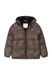 thumbnail: Bruin en zwarte meisjes Tumble 'n Dry Mid gewatteerde winterjas Villach van gerecycled polyester met panterprint, lange mouwen en ritssluiting