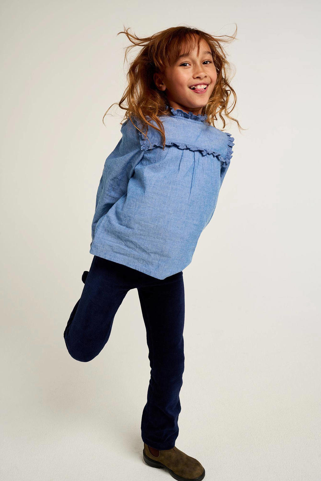 Blauwe meisjes Tumble 'n Dry Mid top Snowdrop van katoen met lange mouwen, opstaande kraag, knoopsluiting en ruches