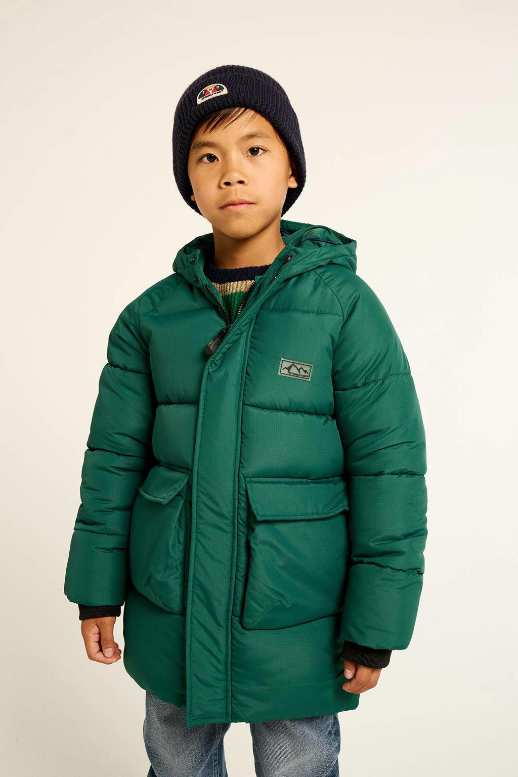 Groene jongens Tumble 'n Dry Mid gewatteerde winterjas Zurich van polyester met lange mouwen en rits- en drukknoopsluiting