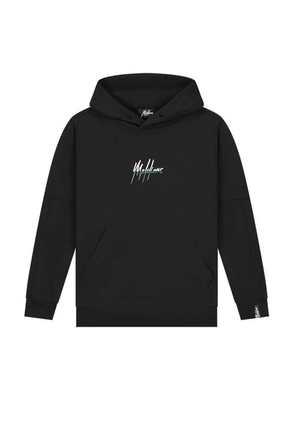 Zwart en donkergroene jongens Malelions hoodie Split Essentials van sweat materiaal met backprint, lange mouwen en capuchon
