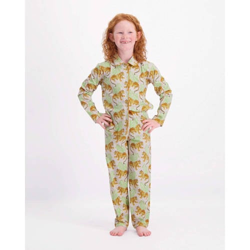 Claesen's pyjama Leopard bruin/lichtgroen Meisjes Stretchkatoen Klassieke kraag