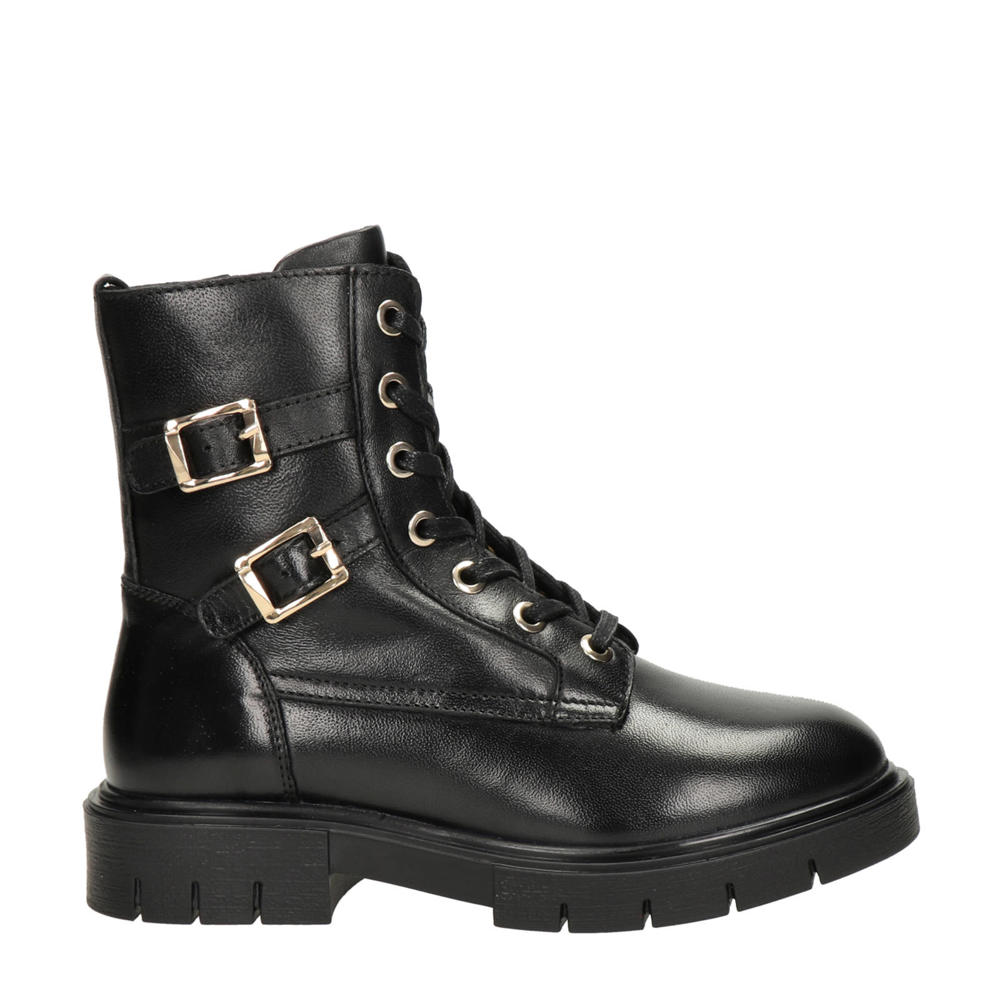 Zwarte meisjes Nelson Kids leren veterboots met chunky hak, rits- en vetersluiting en effen