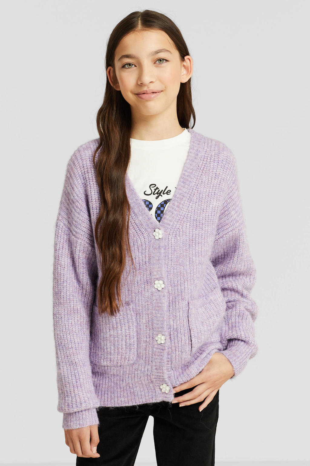 Lilakleurige meisjes anytime gebreid vest van nylon met effen, lange mouwen, V-hals en knoopsluiting