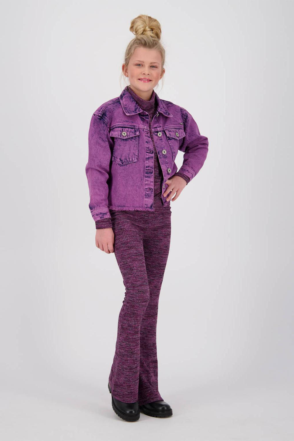 Paarse meisjes Vingino spijkerjas Tanja Overdye van denim met effen, lange mouwen, klassieke kraag en knoopsluiting