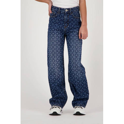 Vingino high waist loose fit jeans Cato Laser met all over print dark used Blauw Meisjes Denim
