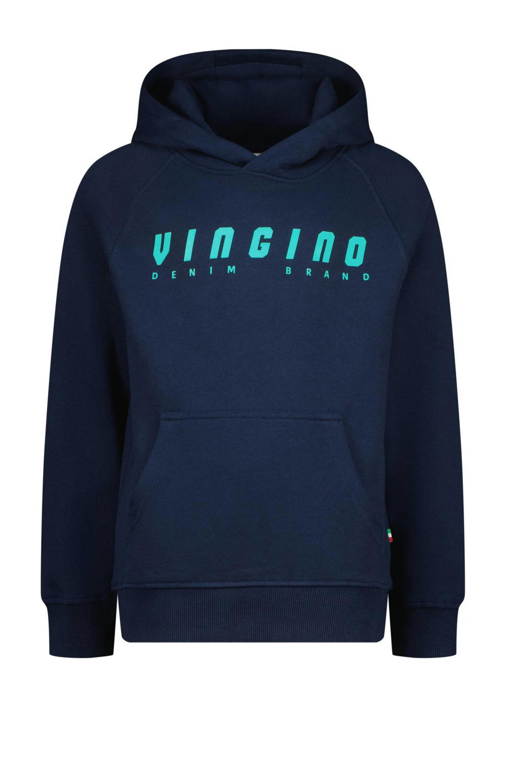 Blauwe jongens Vingino hoodie van sweat materiaal met logo dessin, lange mouwen en capuchon