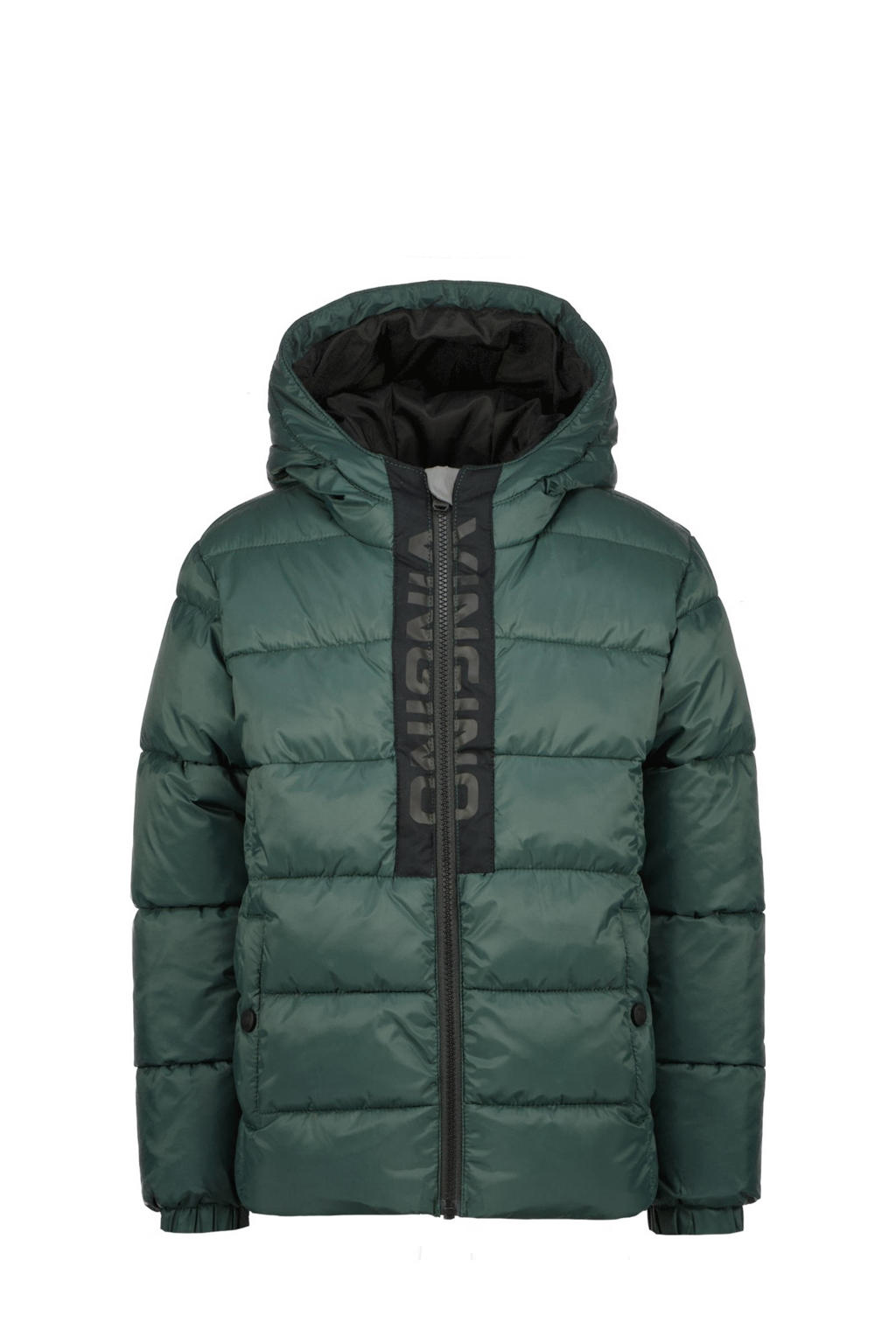 Groene jongens Vingino gewatteerde winterjas Tarsol van nylon met logo dessin, lange mouwen, capuchon en ritssluiting