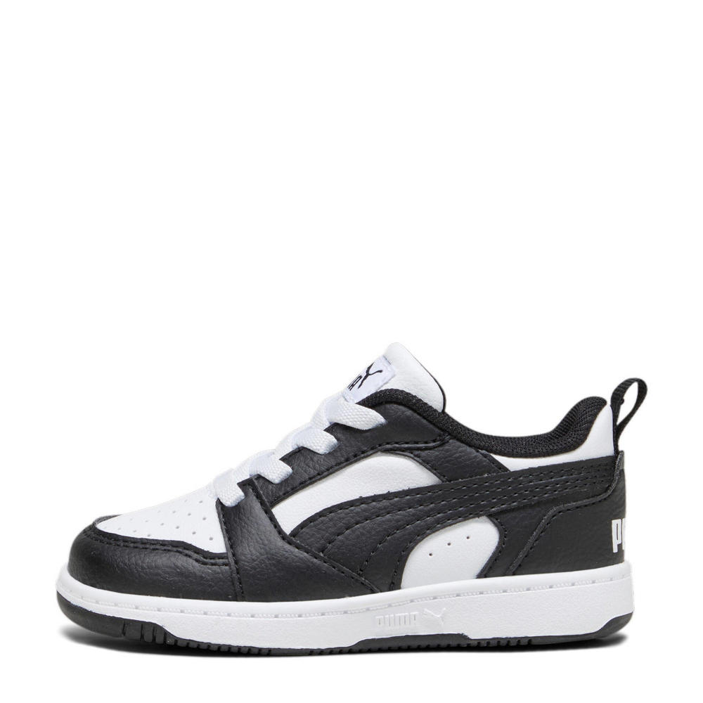 Zwart en witte jongens en meisjes Puma Rebound V6 Lo sneakers van leer met elastische veters