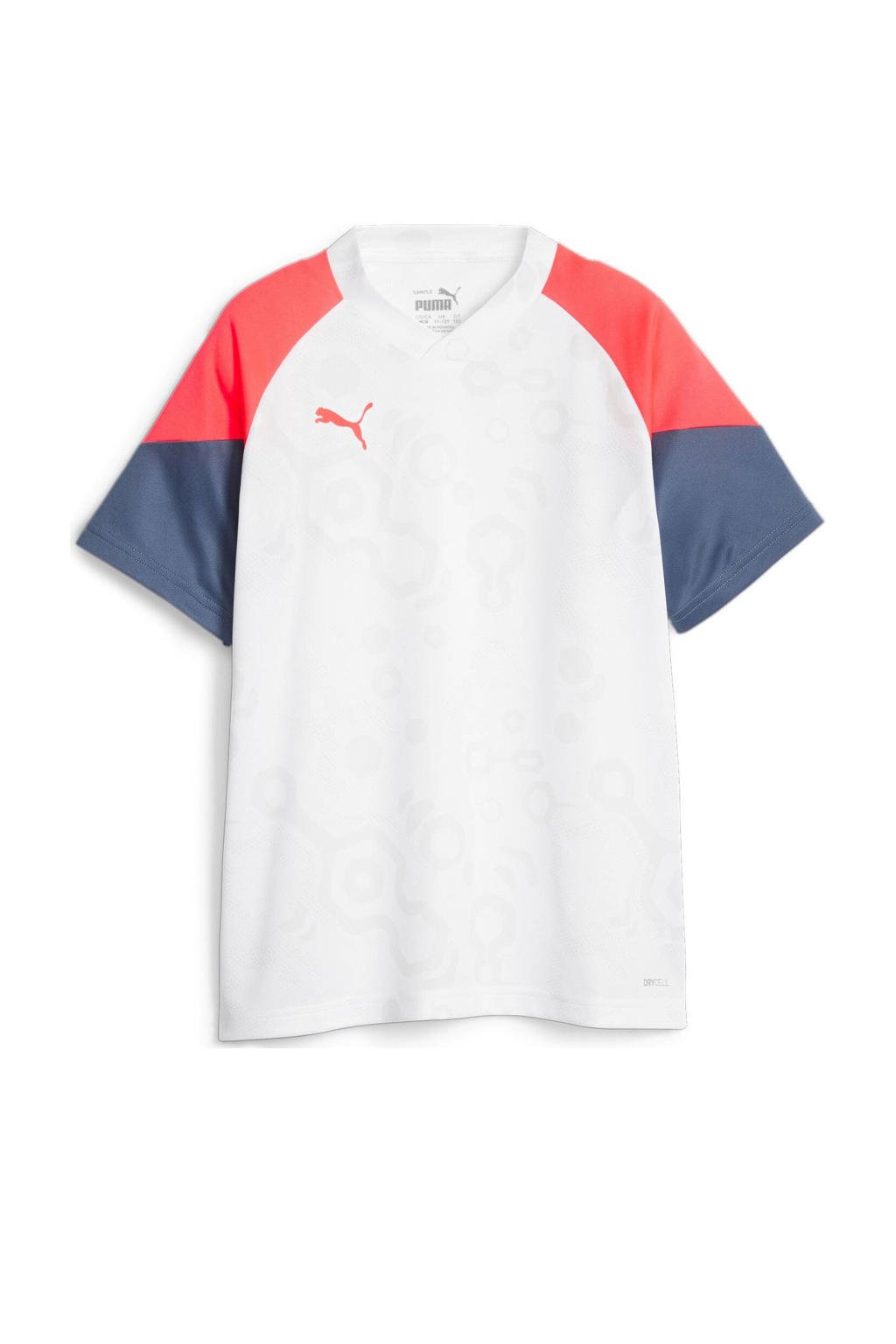 Wit, rood en donkerblauwe jongens en meisjes Puma Junior voetbalshirt van polyester met meerkleurige print, korte mouwen en V-hals