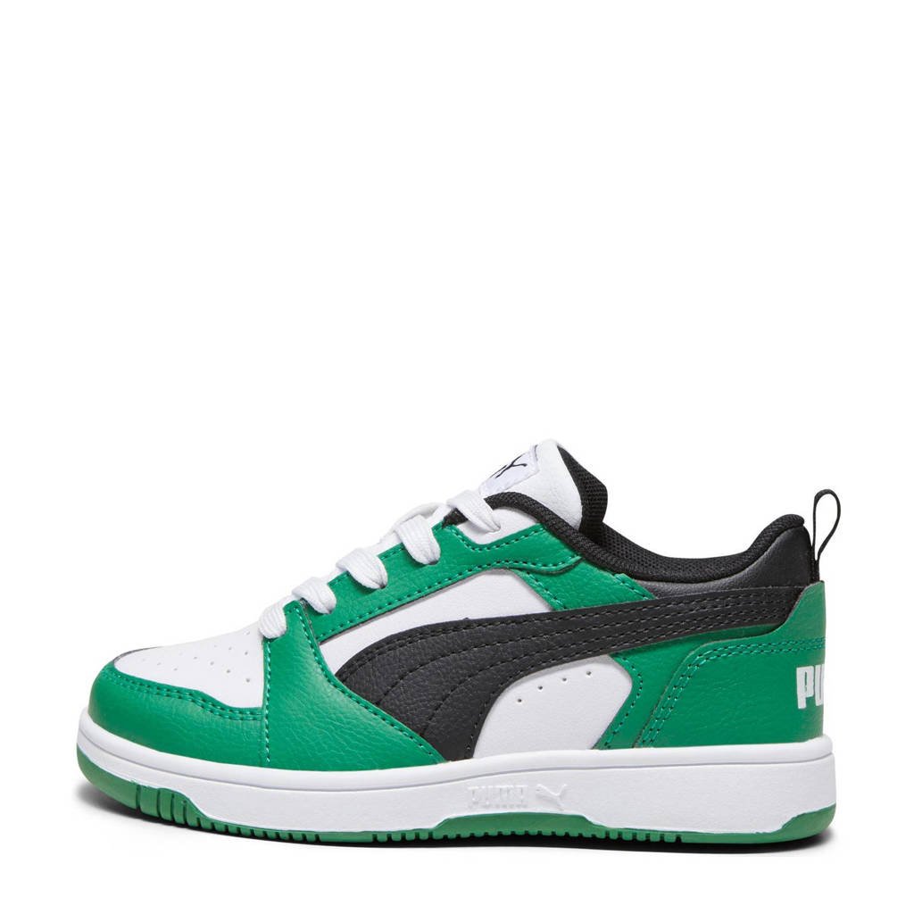 huisvrouw Hoes Ontaarden Puma Rebound V6 Lo sneakers wit/zwart/groen | kleertjes.com